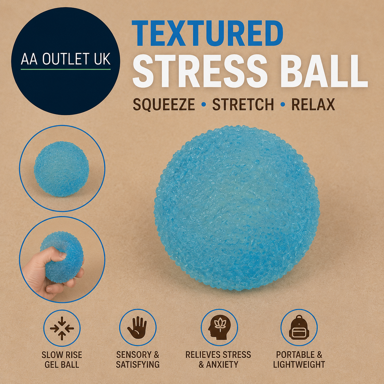 Textured Stress Ball 1.57" Sensory Fidget For Kids & Adults Malt Sugar Squishy