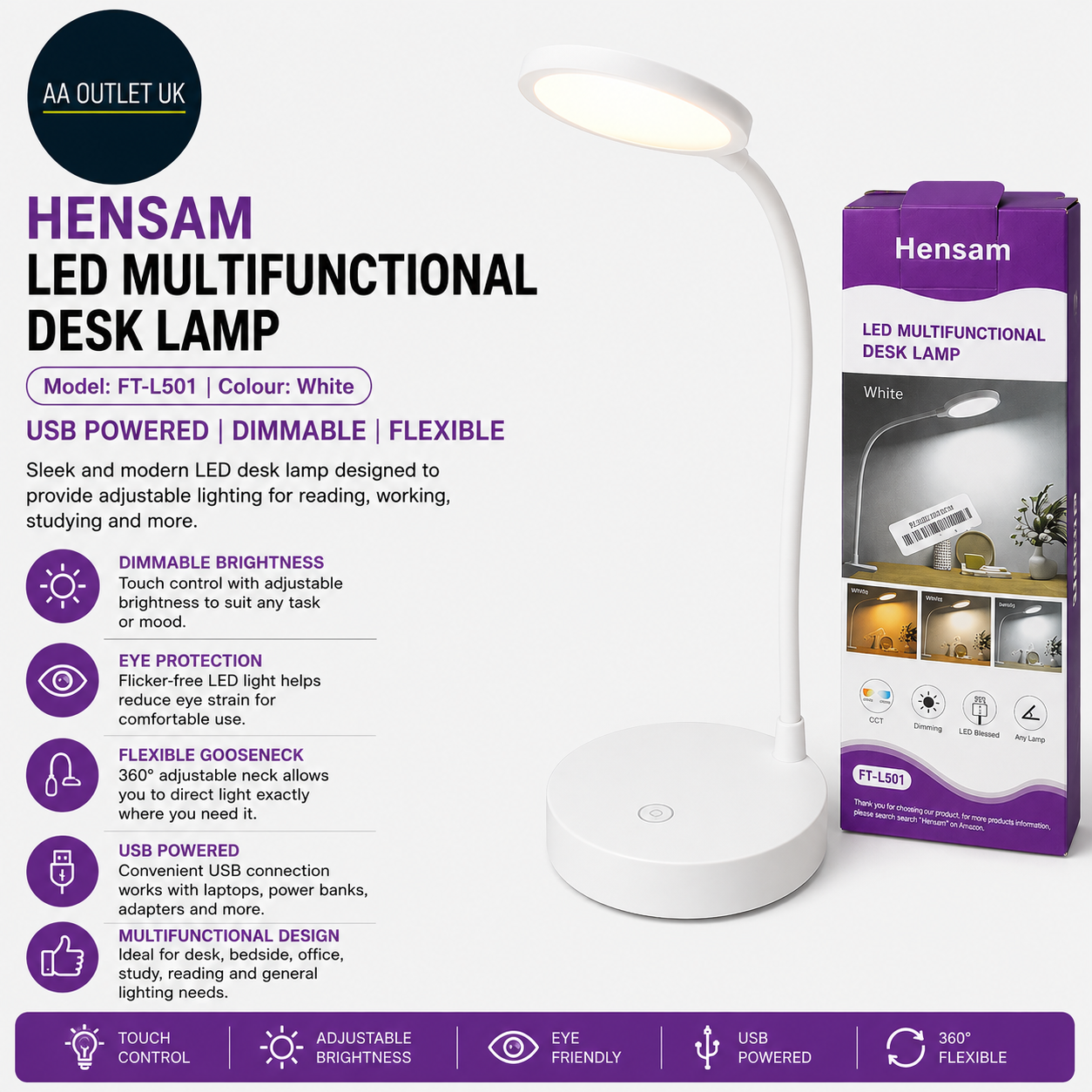 Hensam LED Multifunctional Desk Lamp FTL501 USB Powered Dimmable White New