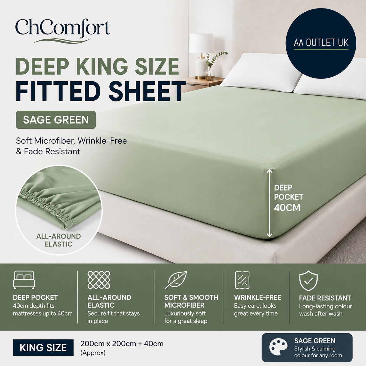 ChComfort Deep King Size Fitted Sheet Sage Green Microfiber Green King Size
