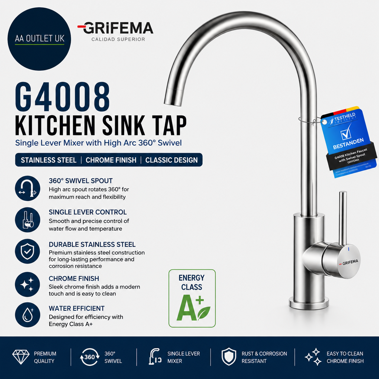 Grifema G4008 Kitchen Sink Taps Mixer Single Lever High Arc 360° Swivel