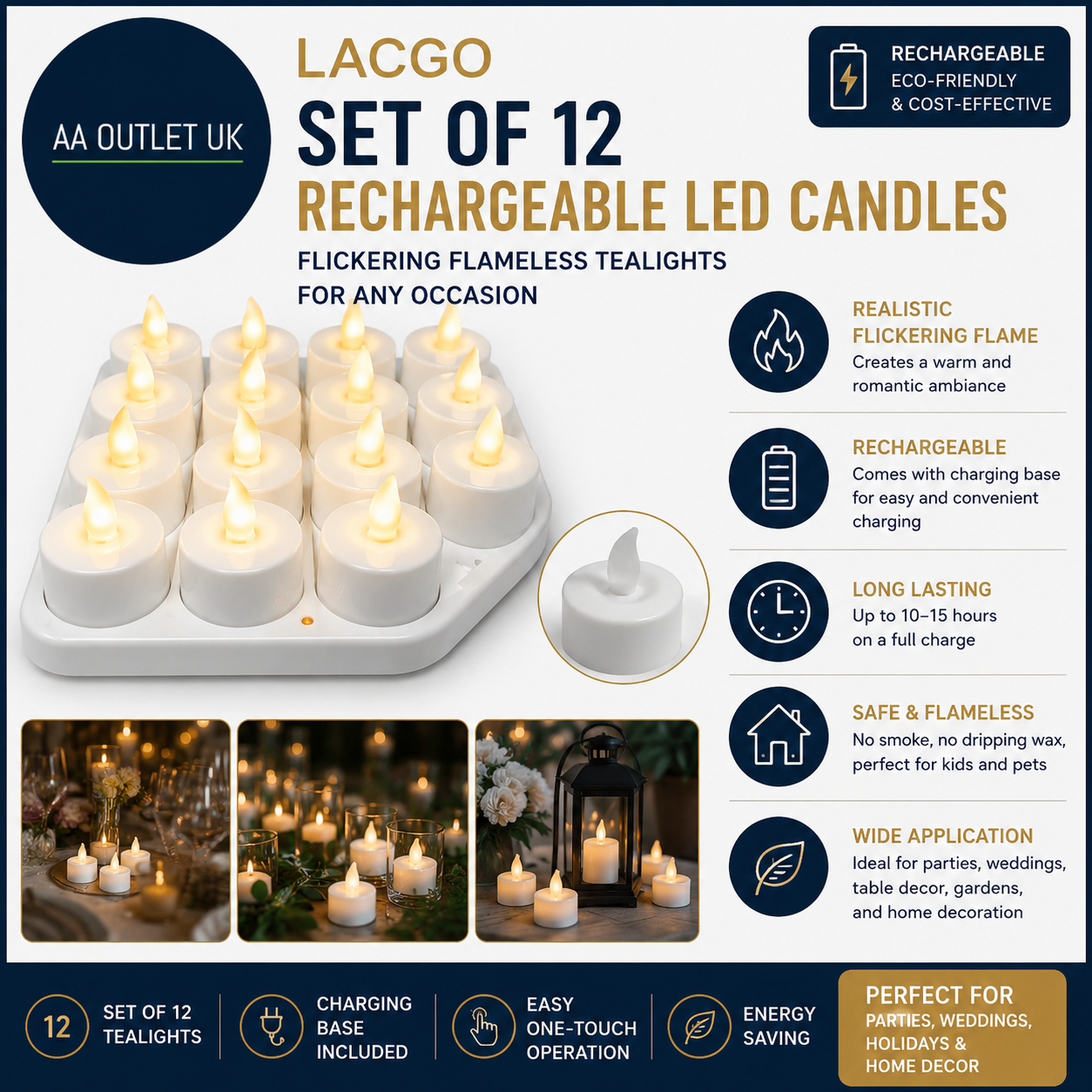 Lacgo Set Of 12 Rechargeable Led Flickering Flameless Candles 45x45x100mil