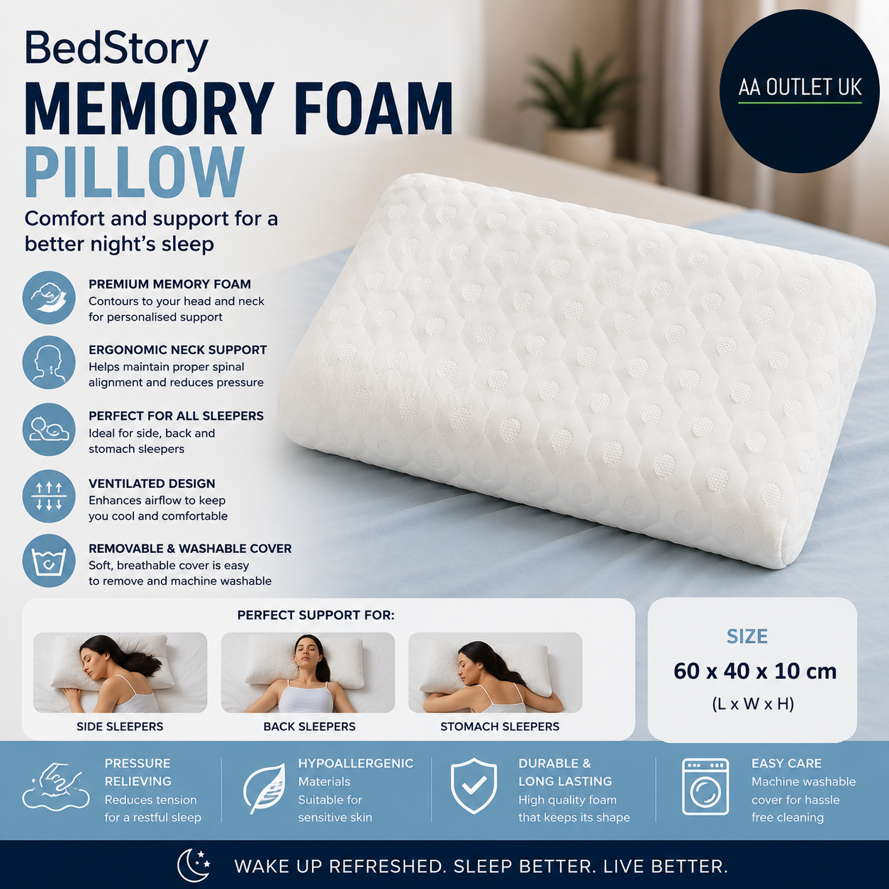 Bedstory Memory Foam Sleeping Pillow Side Back Stomach Sleepers 60x40x10cm
