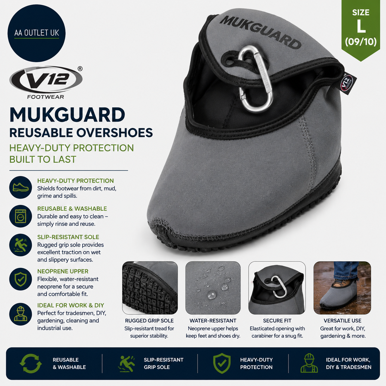 V12 MukGuard Reusable Overshoes Washable Slip Resistant Shoe Covers L 09/10