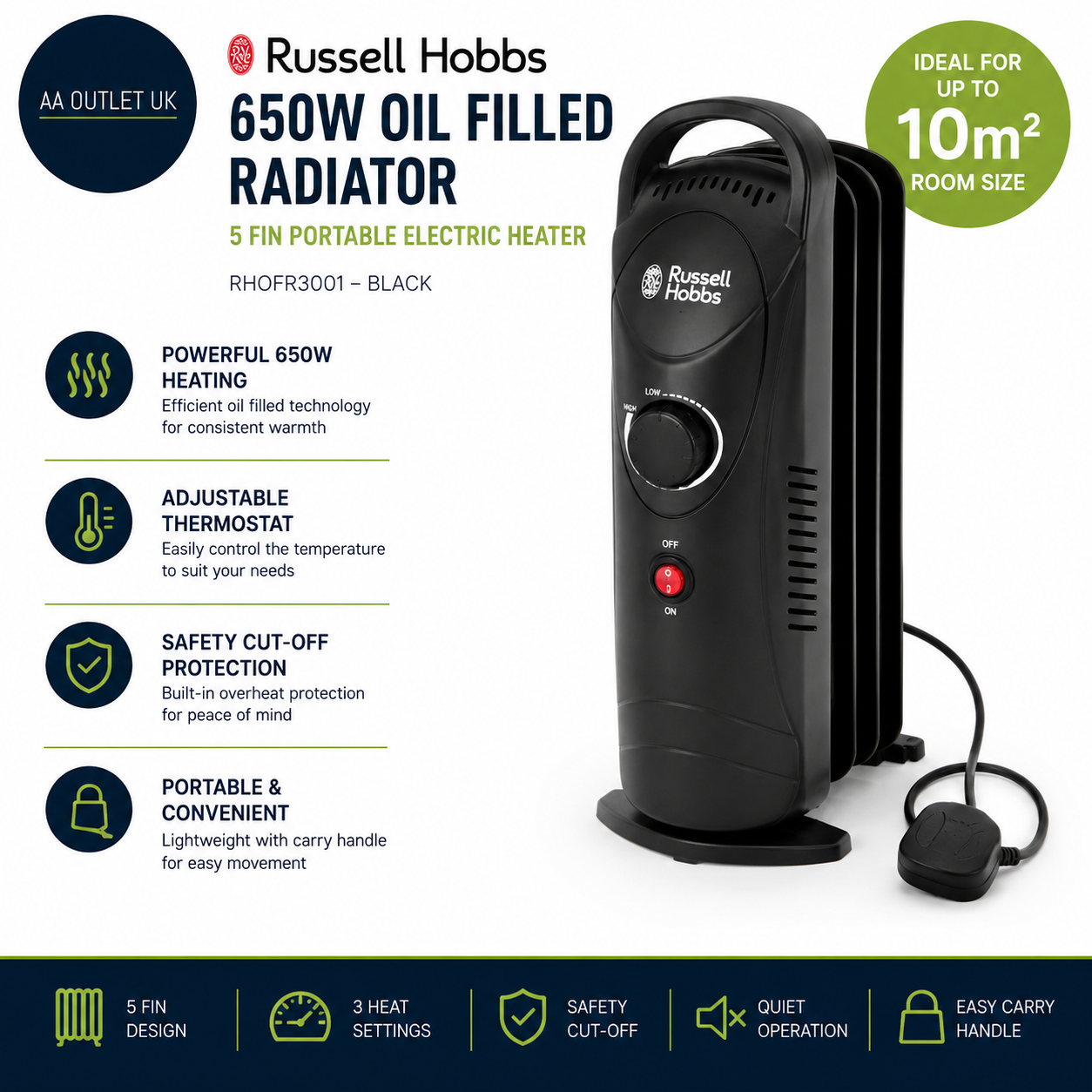 Russell Hobbs 650W Oil Filled Radiator 5 Fin Portable Electric Heater Black