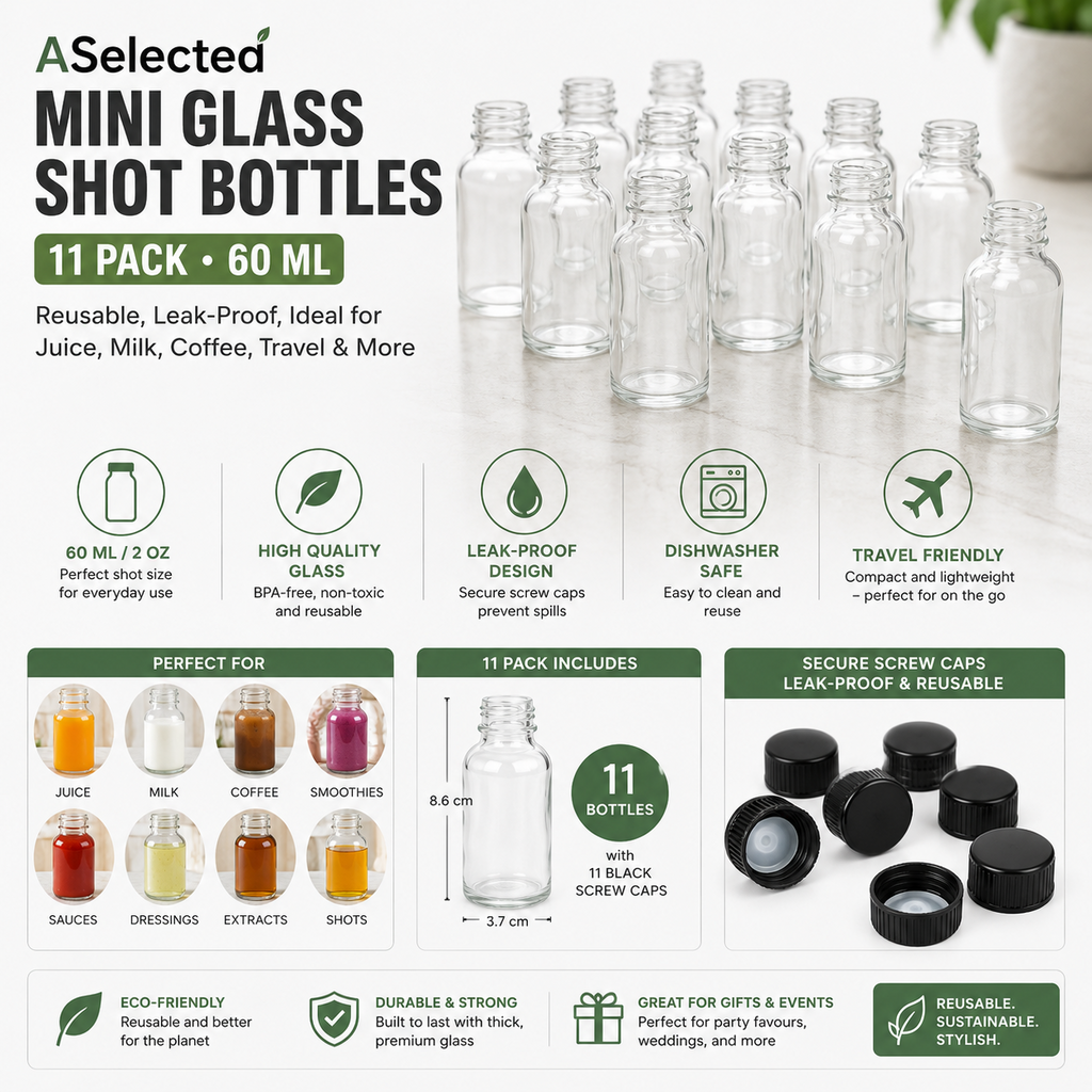 ASelected Mini Glass Shot Bottles 11 Pack 60ml Reusable Leak Proof Juice Milk