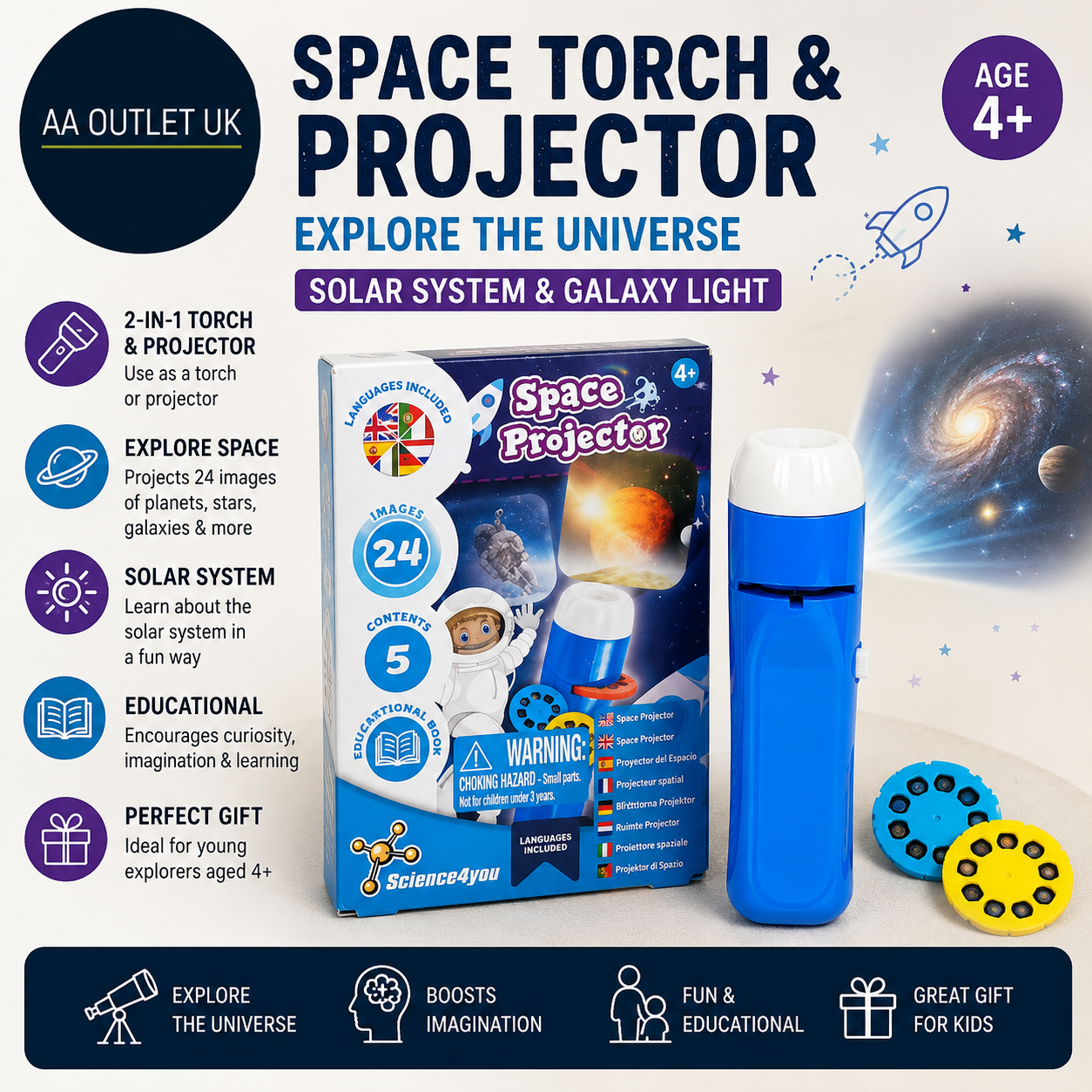 Science4you Space Torch Projector Kids Solar System Galaxy Light Age 4+ Design