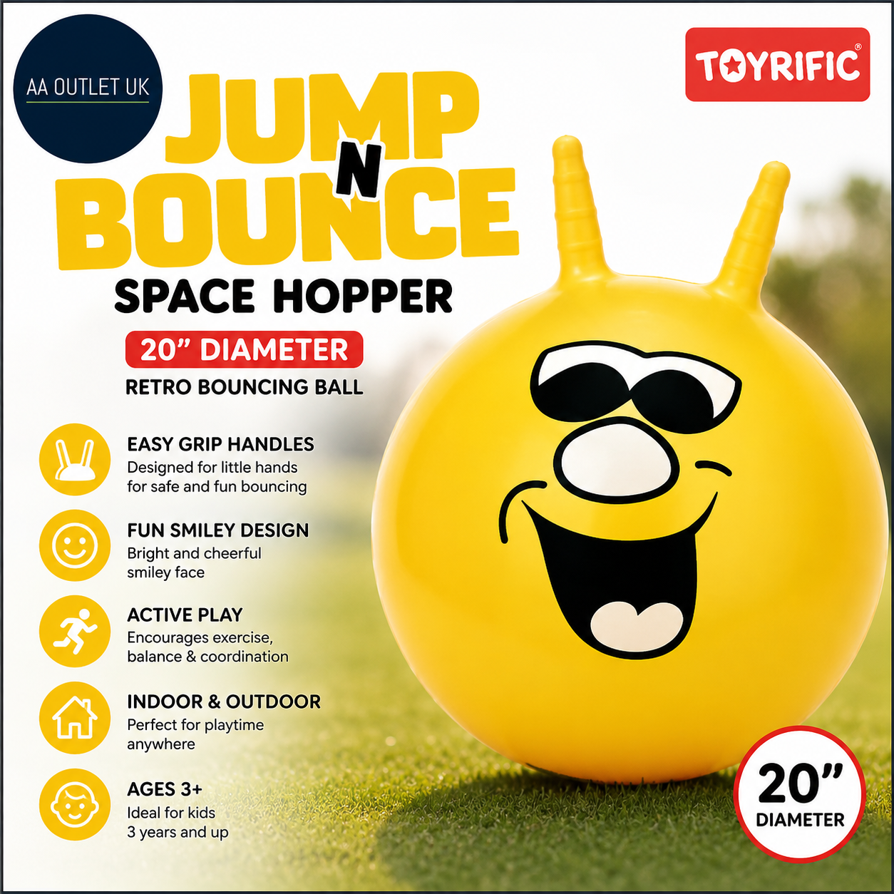 Toyrific Jump N Bounce Kids Space Hopper 20in Retro Bouncing Ball 50cm Ages 3+
