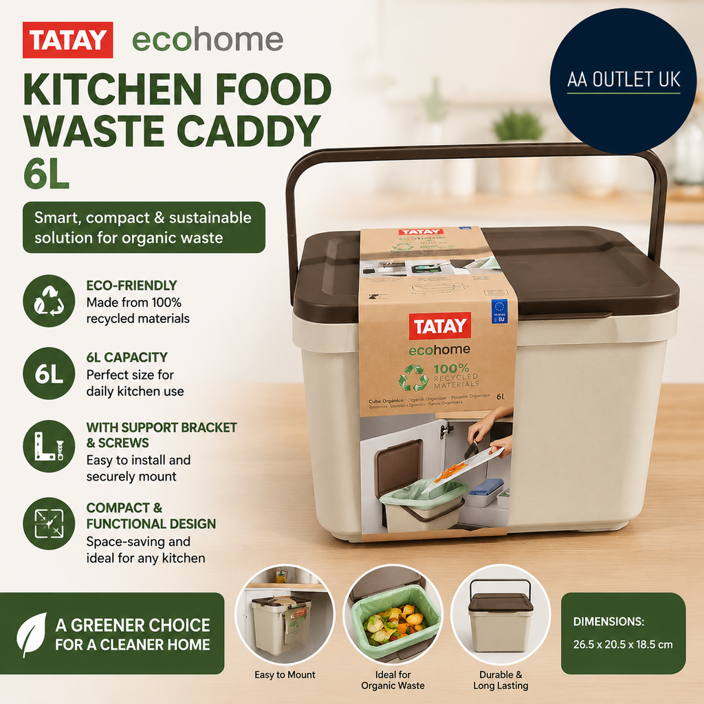 Tatay Kitchen Food Waste Caddy 6L Organic Bin Smart With Support Bracket Screws