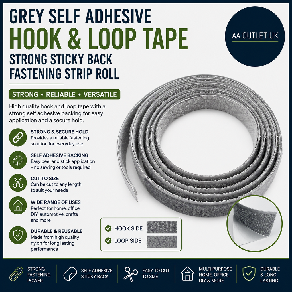 Grey Self Adhesive Hook Loop Tape Strong Sticky Back Fastening Strip Roll New