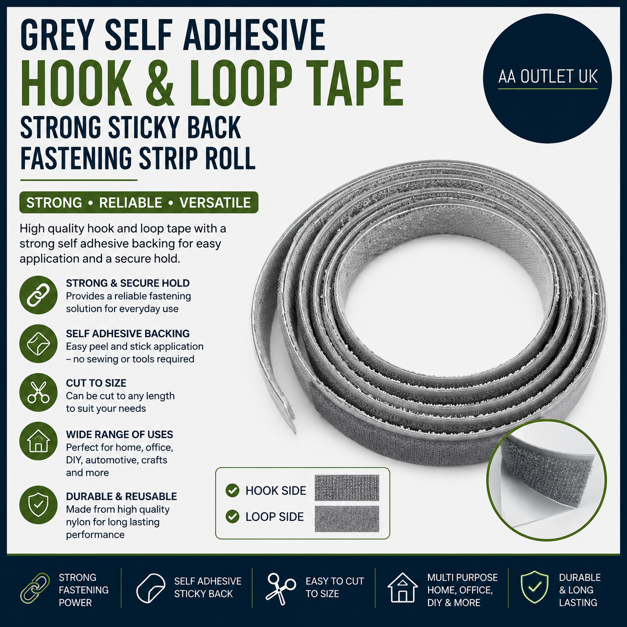 Grey Self Adhesive Hook Loop Tape Strong Sticky Back Fastening Strip Roll New