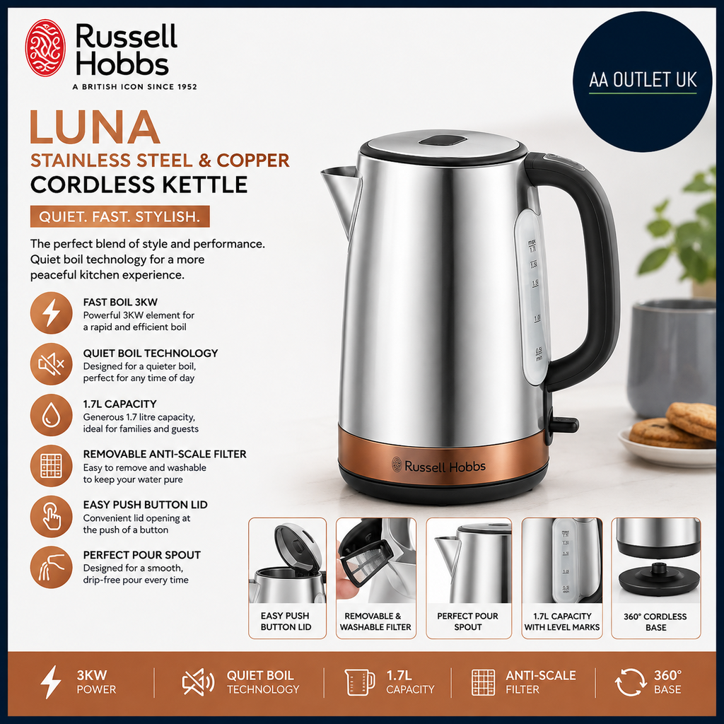 Russell Hobbs Luna Stainless Steel Copper 1.7L Cordless Electric Kettle 3kw