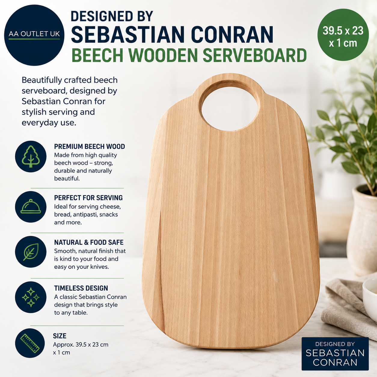 Designed By Sebastian Conran Beech Wooden Serveboard 1x39.5x23cm