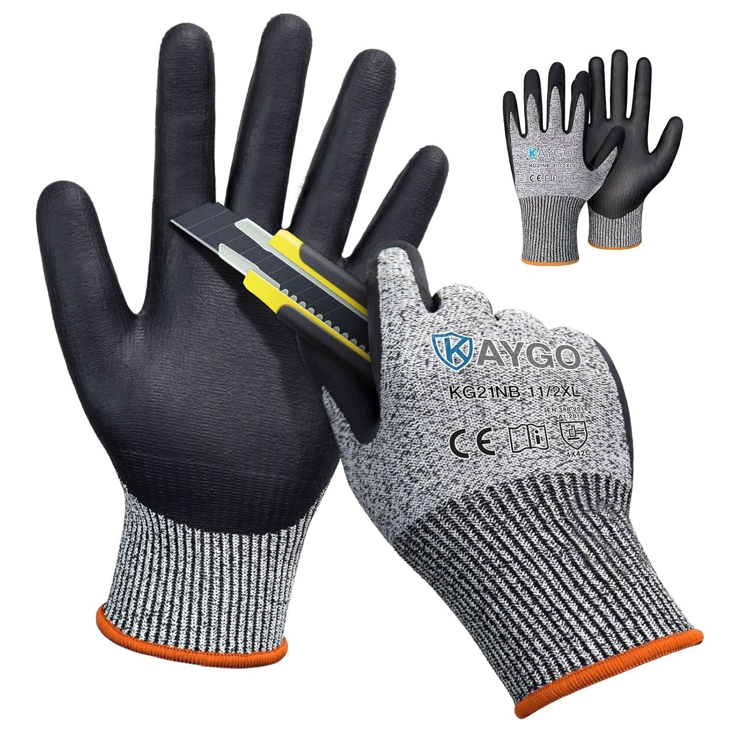 KAYGO Cut Resistant Work Gloves Level C Microfoam Nitrile Coated 2 Pairs 2XL New