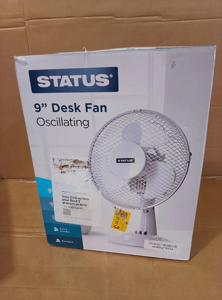 Status S9DESKFAN1PKB 9in Oscillating Desk Fan White 2 Speed Settings Adjustable