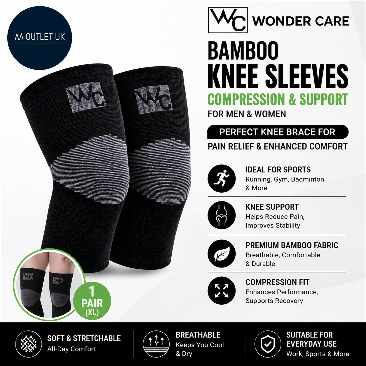 Wonder Care Black Bamboo Knee Sleeves Unisex Support Running Gym XL
