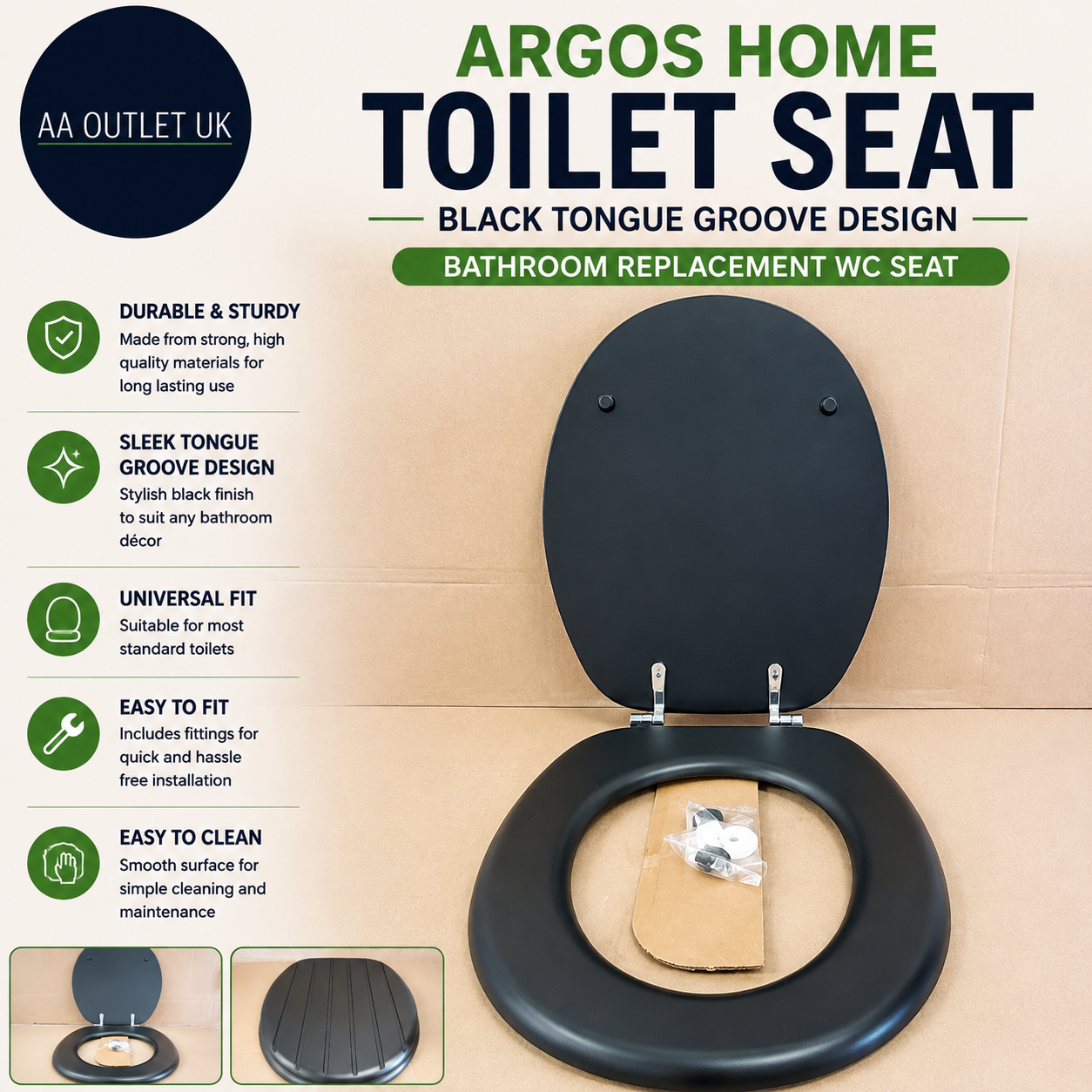 Argos Home Black Tongue Groove Toilet Seat Bathroom Replacement WC Seat