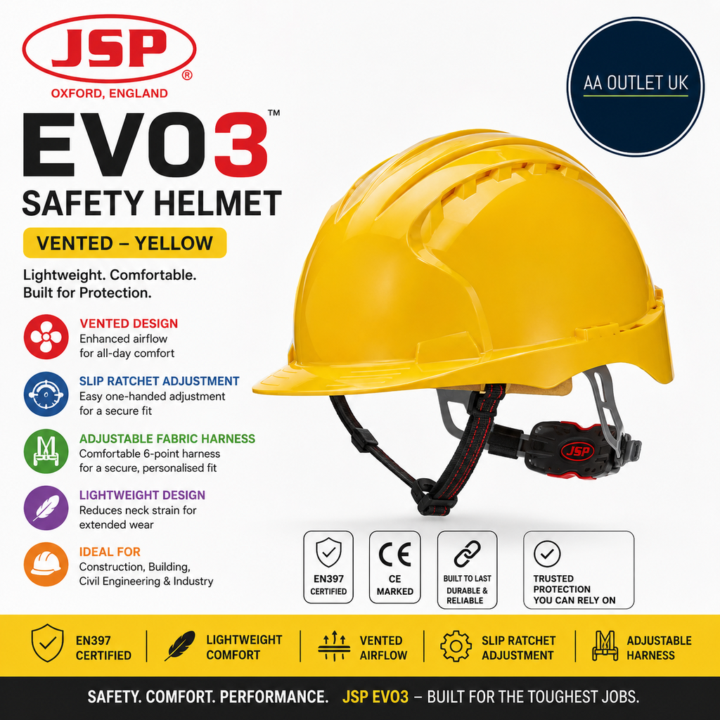 JSP EVO3 Safety Helmet Hard Hat Vented Yellow Slip Ratchet Adjustment EN397