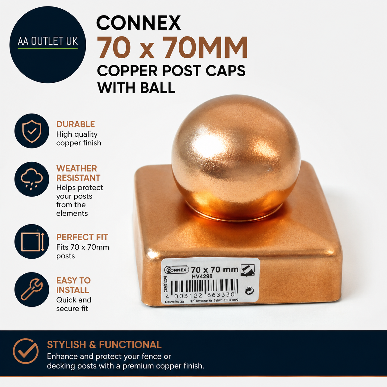 Connex HV4298 70x70mm Copper Post Caps With Ball