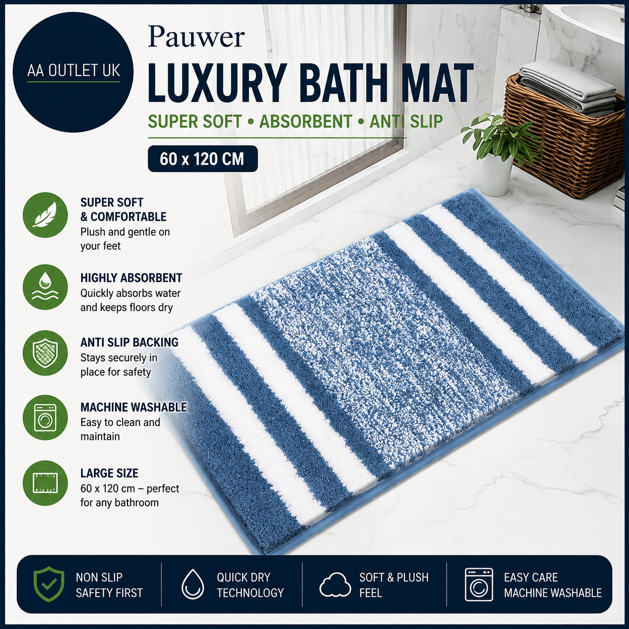 Pauwer Luxury Large 60x120cm Bath Mats Super Soft Anti Slip Bathroon Rug