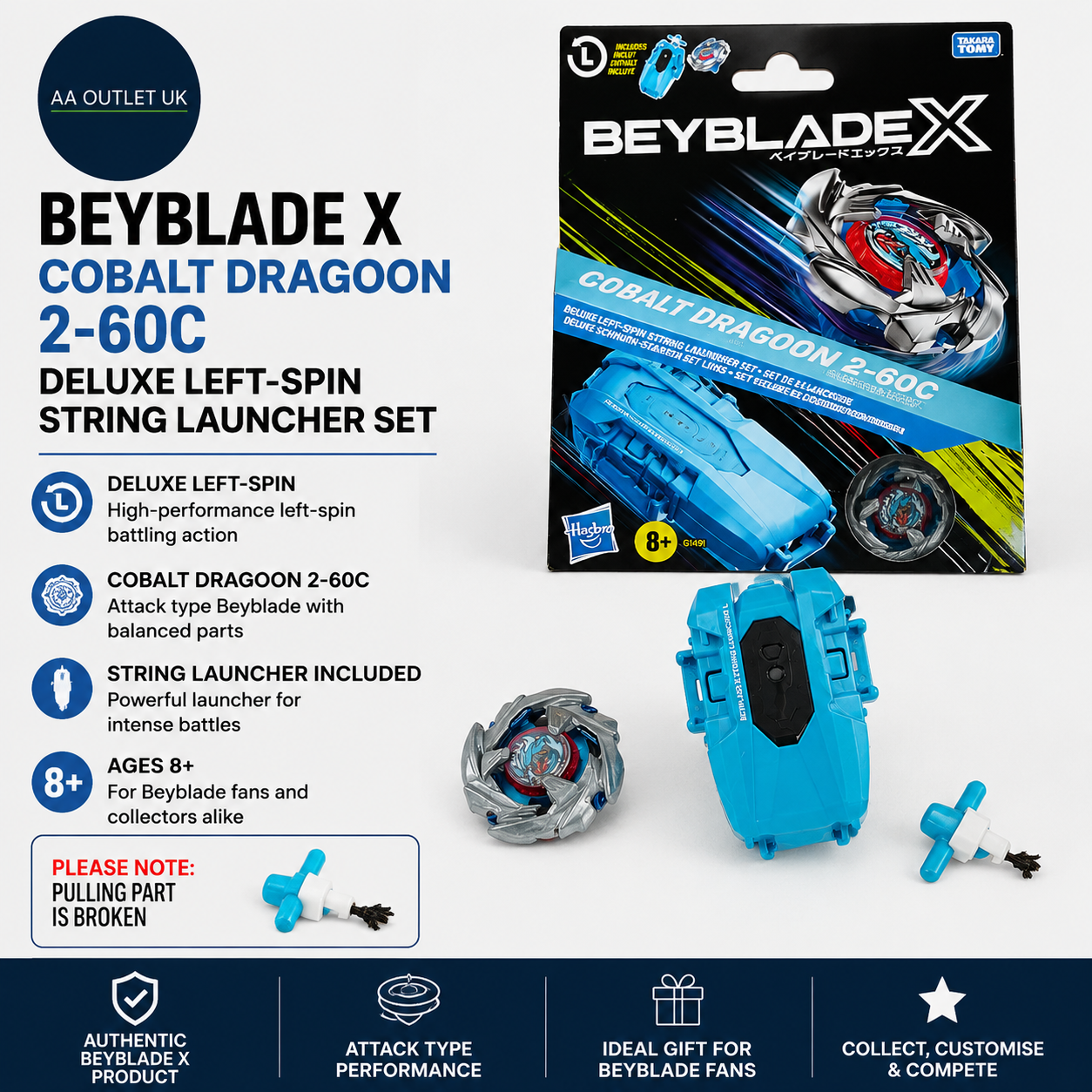 Beyblade X Cobalt Dragoon 2-60C Deluxe Left Spin String Launcher Set
