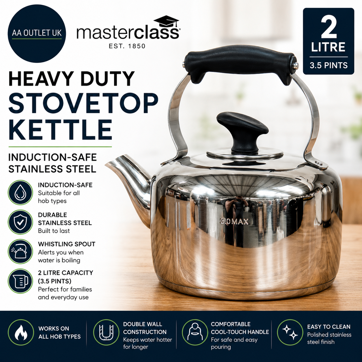MasterClass Heavy Duty Induction Safe Stovetop Kettle 2L Stainless Steel Silver