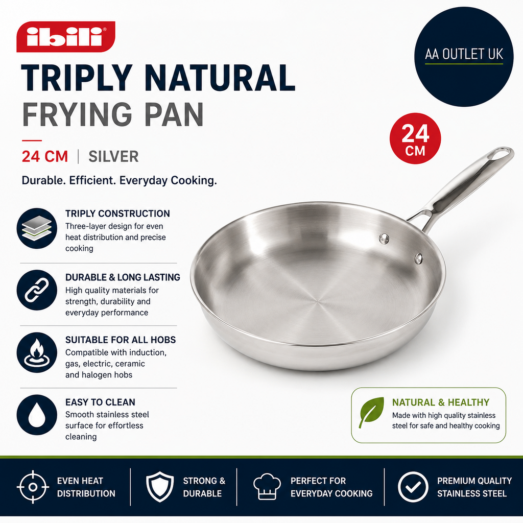 Ibli Triply Natural Frying Pan 24cm Perfect Evreyday Cooking Free Silver