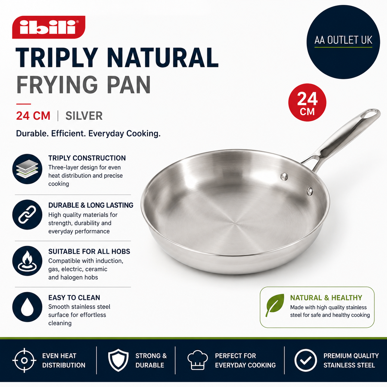 Ibli Triply Natural Frying Pan 24cm Perfect Evreyday Cooking Free Silver