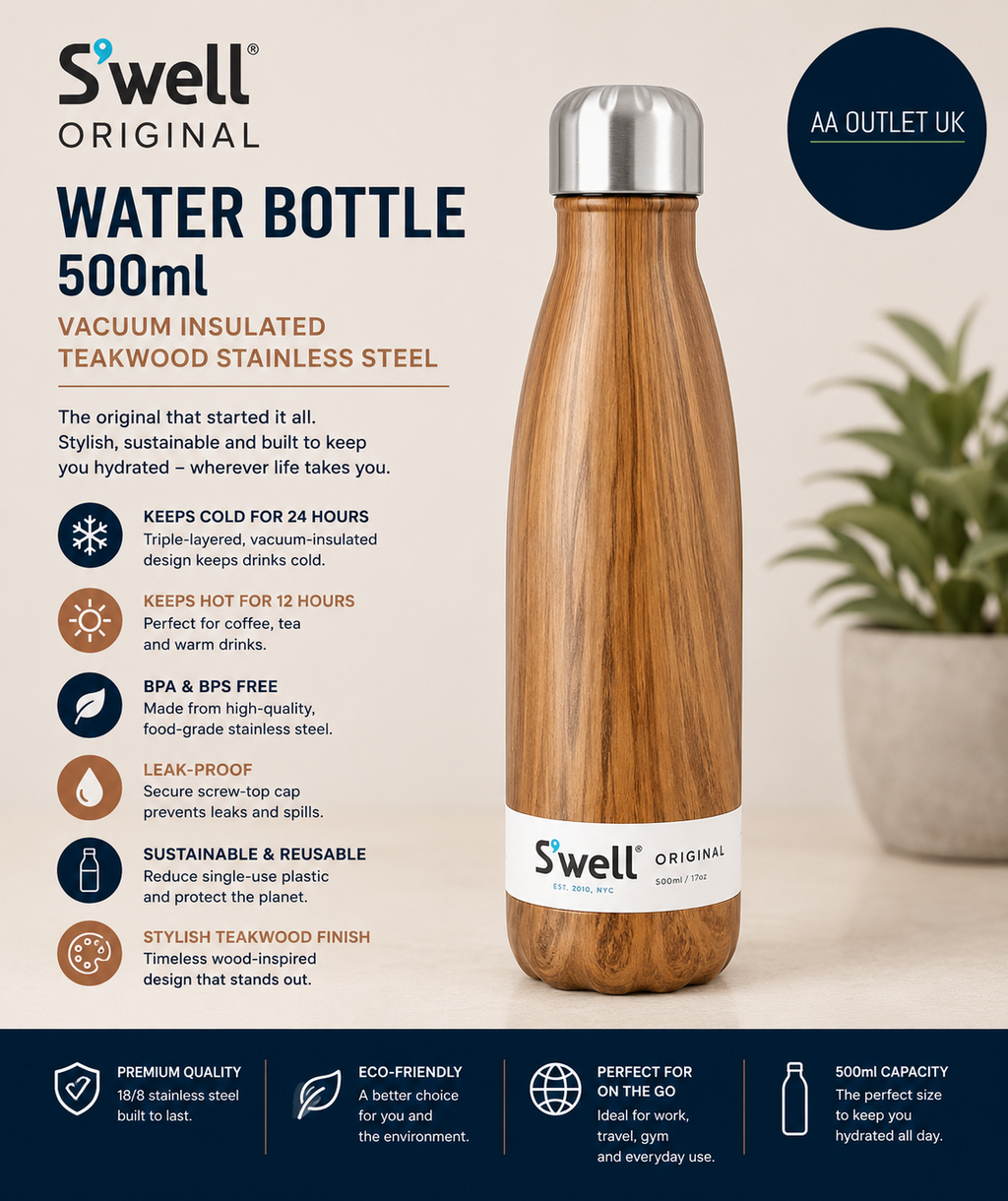 Swell Original Water Bottle 500ml Insulated Vacuum Teakwood Stainless Steel New