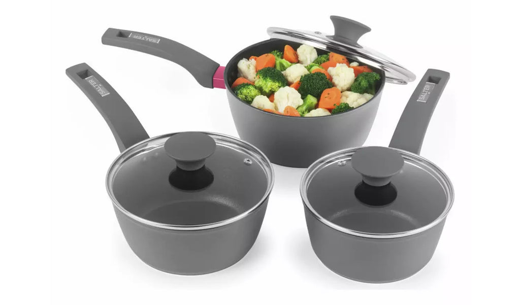Salter Megastone Optimum 3 Pieces Aluminium Pan Set Grey Non Stick Cookware New