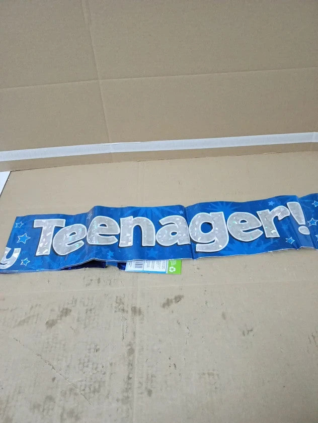9ft Banner Happy Birthday Teenager Blue Foil Holographic 2.7X13Cm New