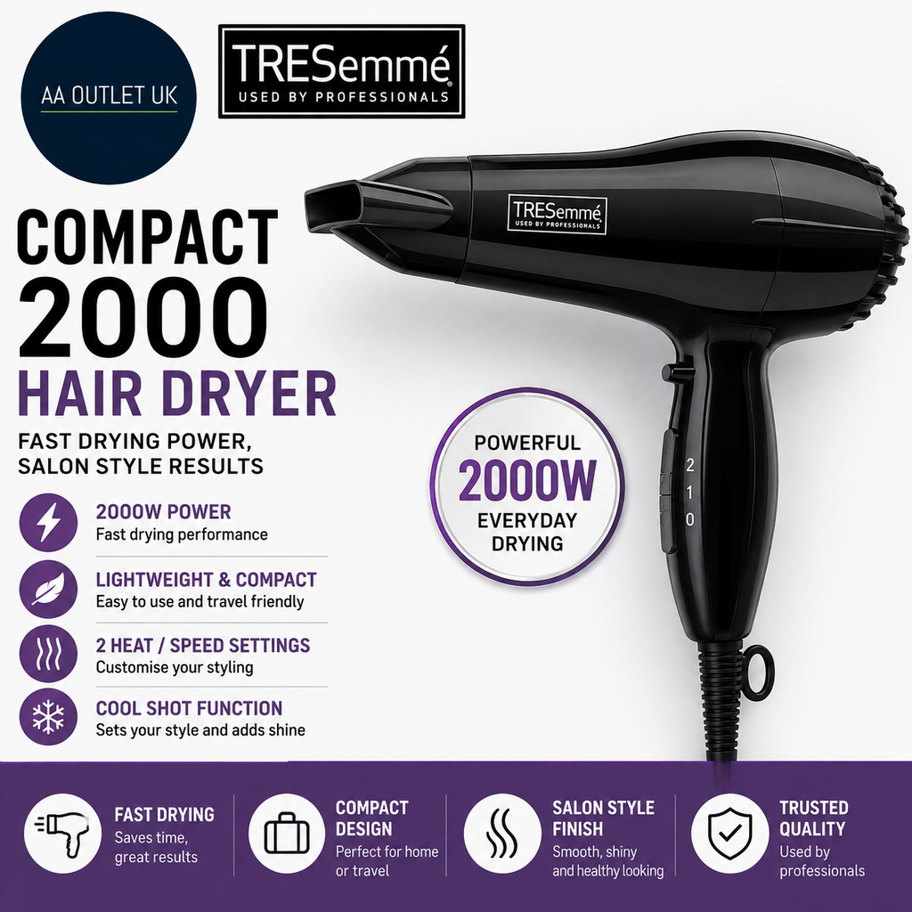 TRESemmé Compact 2000 Hair Dryer 2000W Lightweight Fast Drying Cool Shot Black