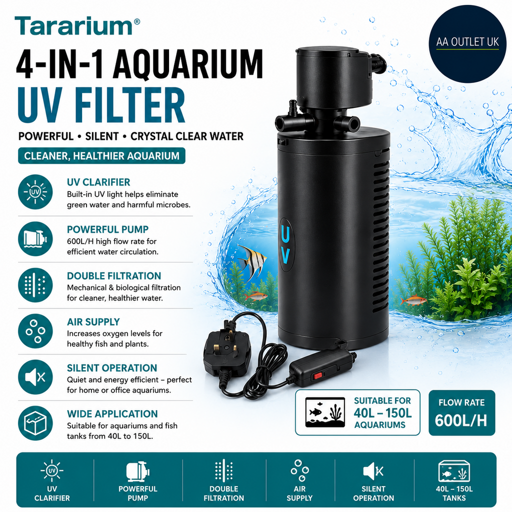 Tararium 600L/H 4 in 1 Aquarium Filter UV Pump Clarifier Silent 40 150L Tank