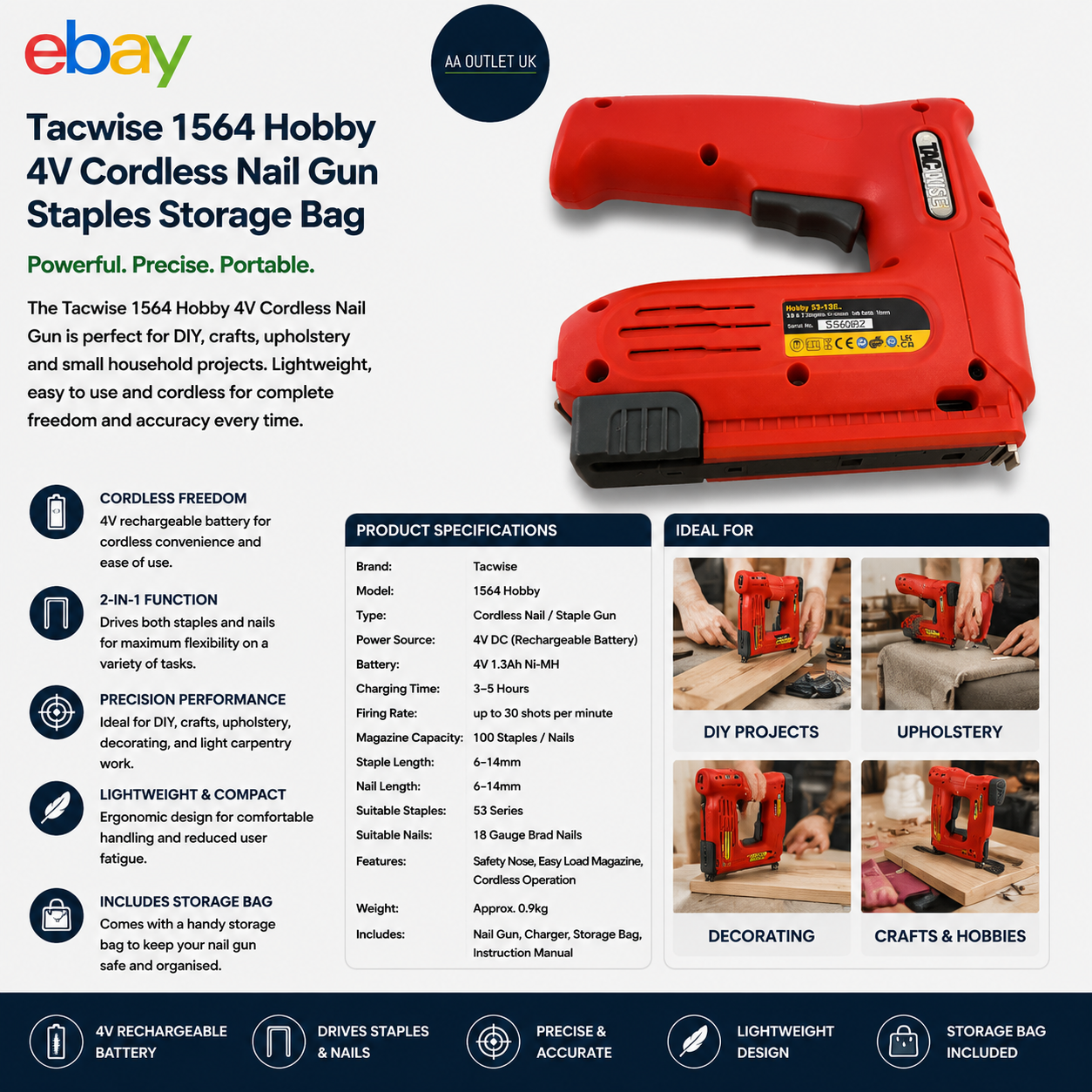 Tacwise 1564 Hobby 4V Cordless Nail Gun Staples Orange Storage Bag Durable