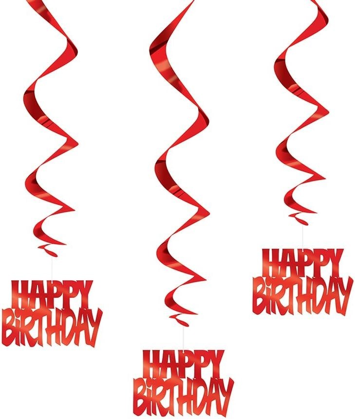 Happy Birthday Red Foil Hanging Swirl Decorations 81cm 3 Pieces Party Decor New