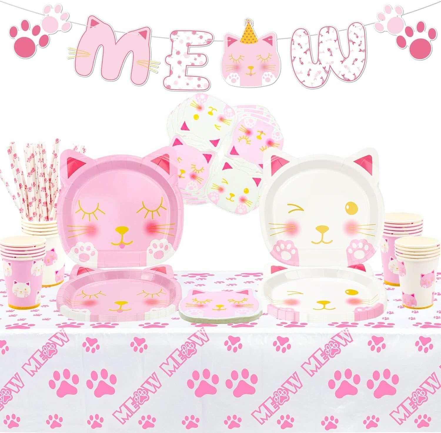 107 Pieces Cat Birthday Party Supplies Kitten MEOW Banner Serve 20 Guests New