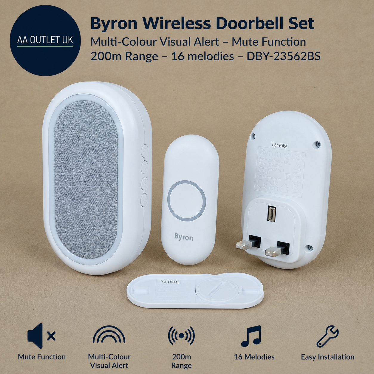 Byron Wireless Doorbell Set Multi Colour Visual Alert Mute Function 200m White