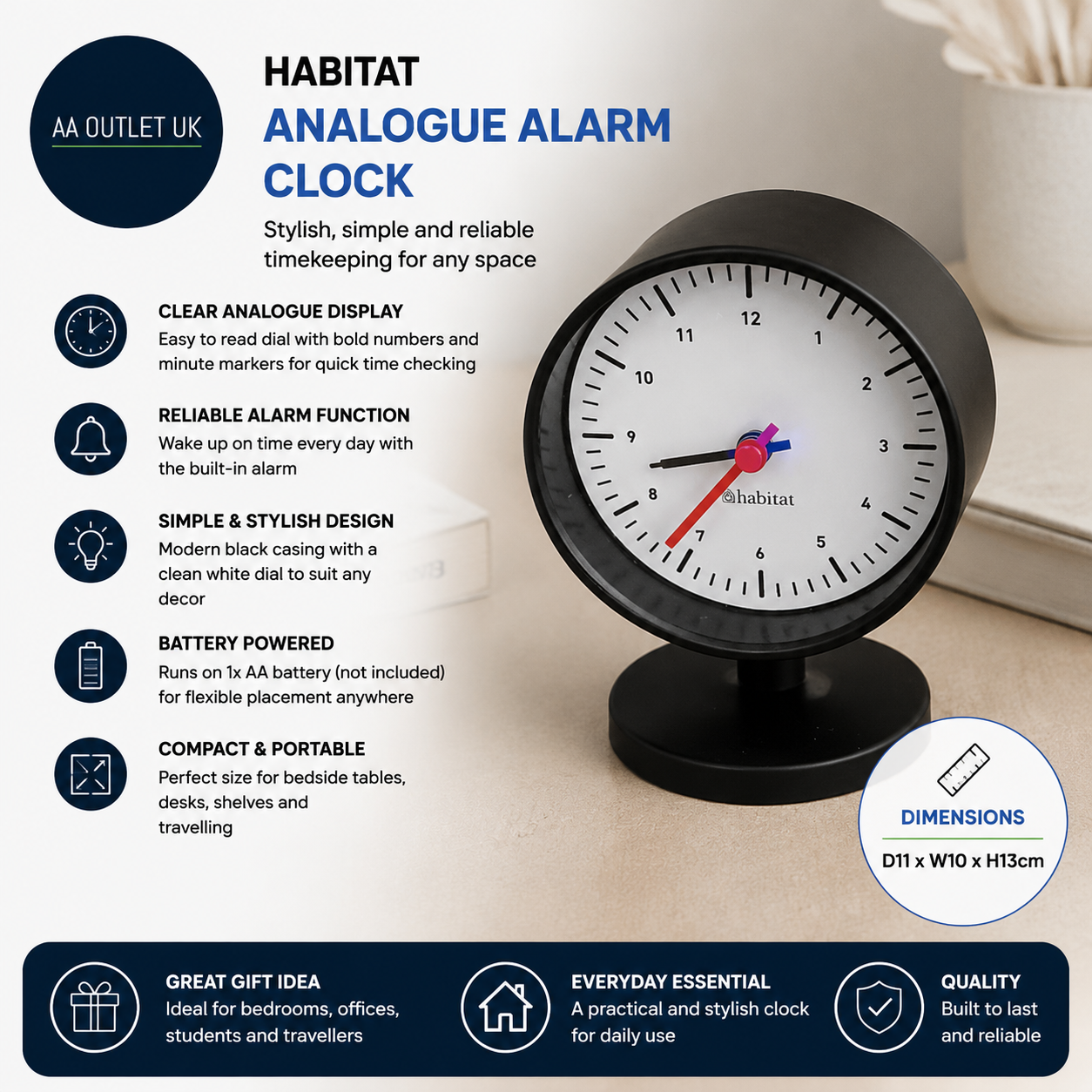 Habitat Analogue Alarm Clock Quartz Movement Black White 8.9x7.2x11.8cm