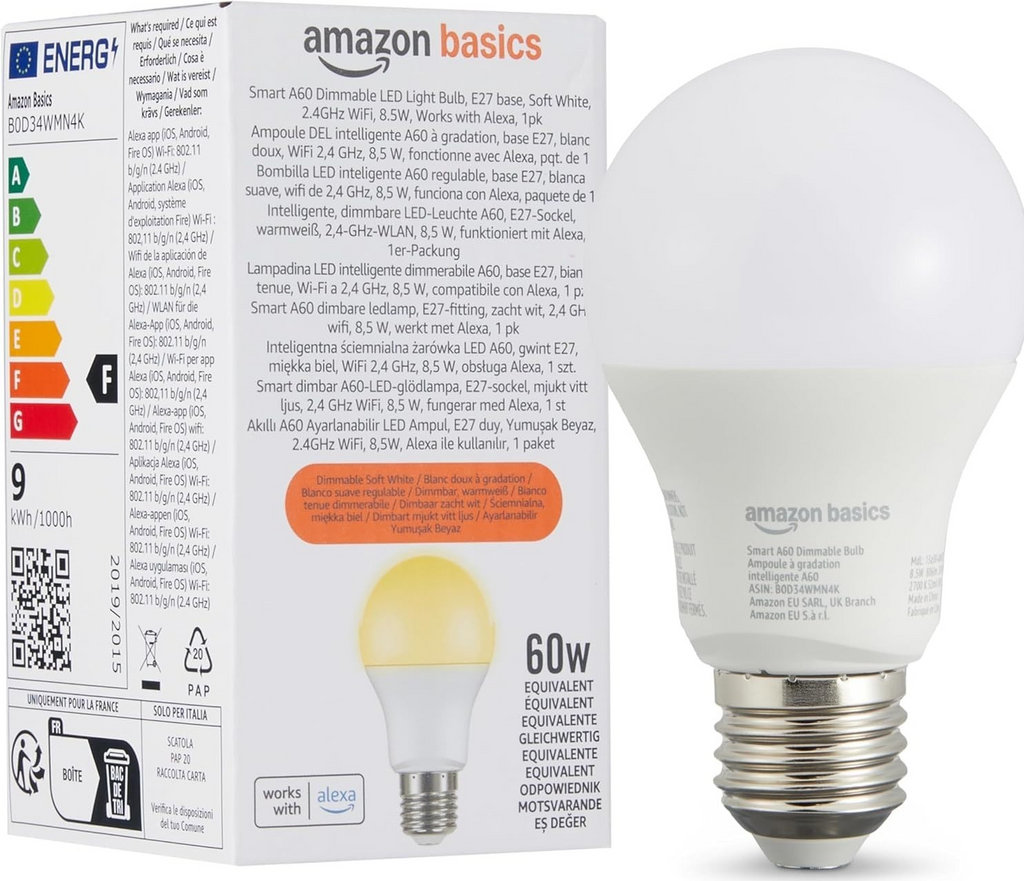 Amazon Basics Smart Dimmable LED Light Bulb E27 Base Soft White 8W New
