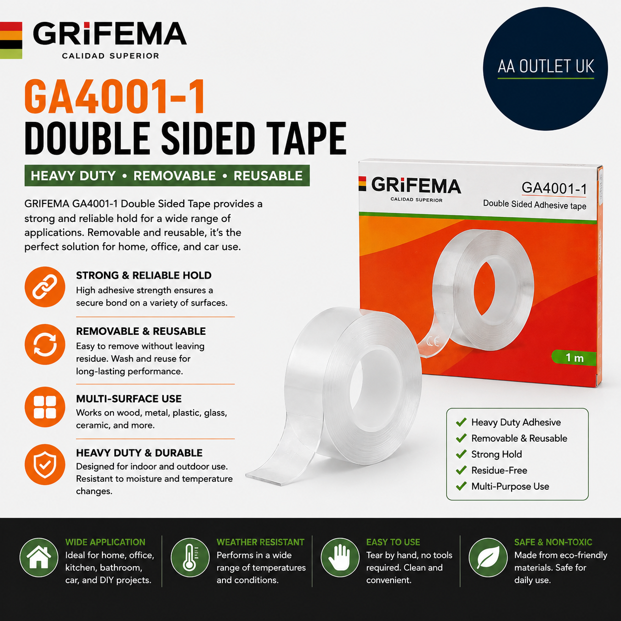 Grifema GA4001 1 Double Sided Tape Heavy Duty Removable Reusable 3x2x1mm