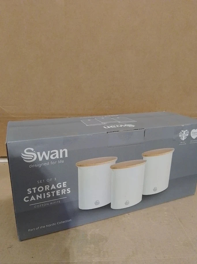 Swan 3 Nordic Scandi Storage Tea Coffee Sugar Canisters Cotton White Steel