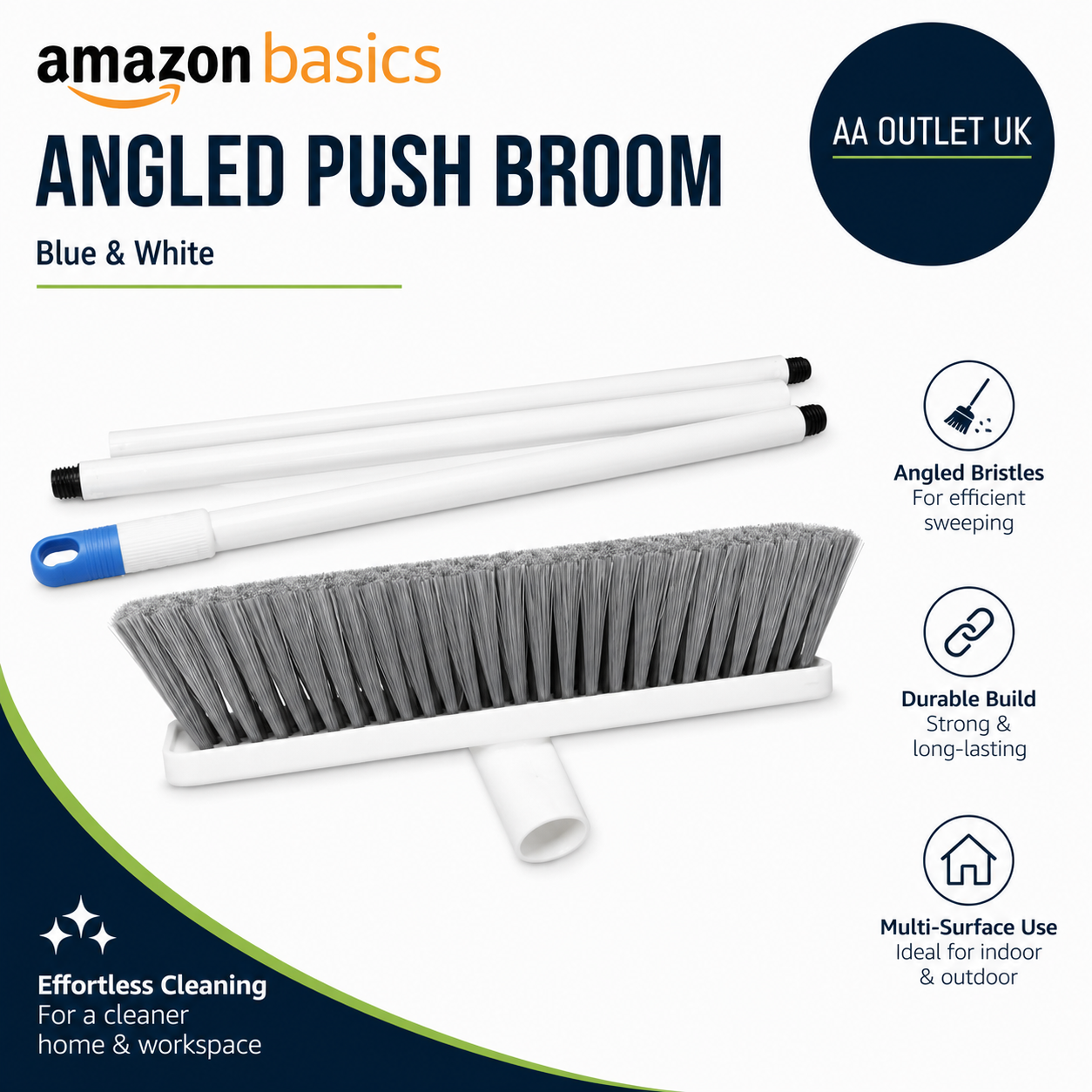 Amazon Basics Angled Push Broom Blue White 305x127cm Flagged Bristle Durable