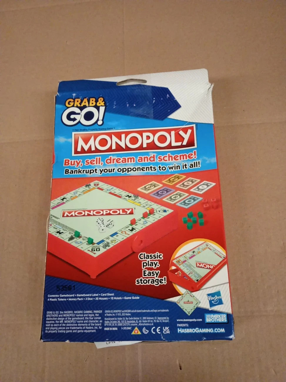 Hasbro Gaming Monopoly Grab & Go Portable Strategy Board Game 8+ Year Old New