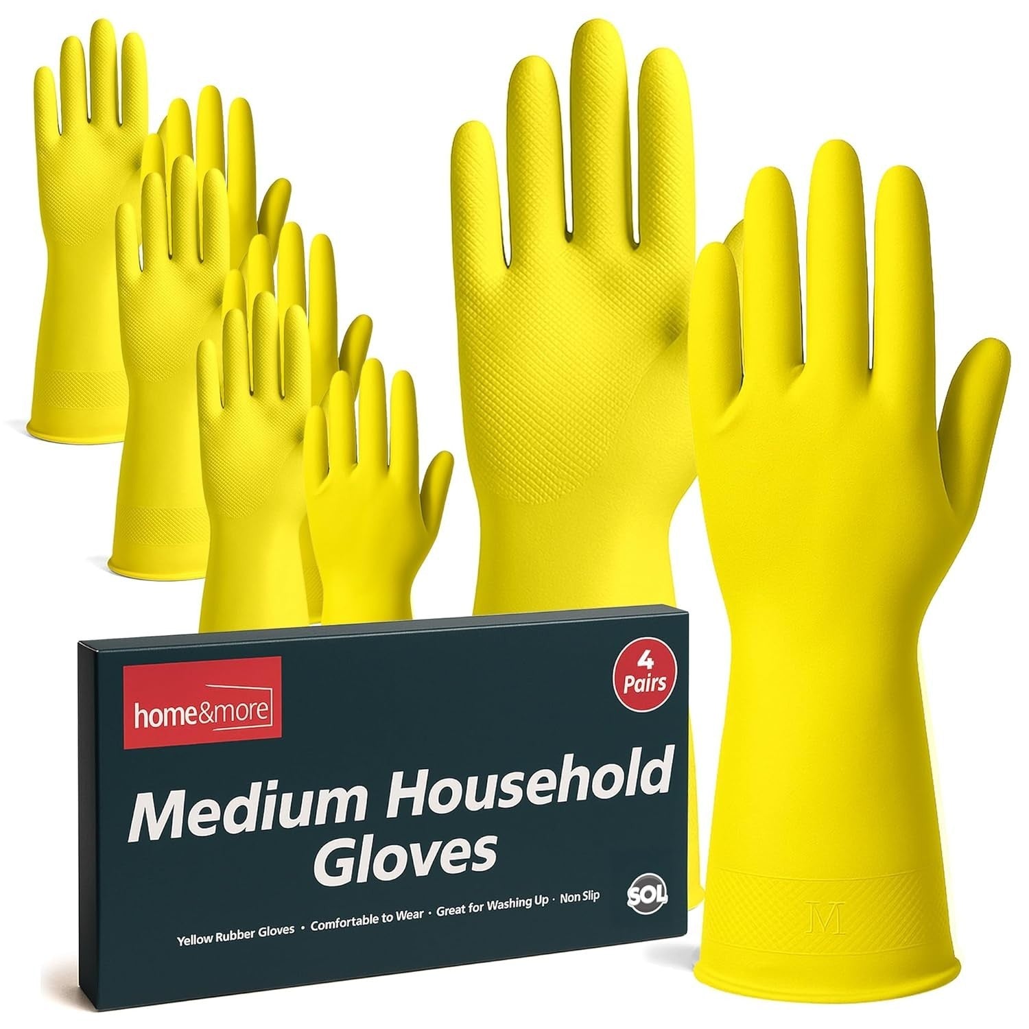 Sol 4 Pairs Kitchen Rubber Gloves Medium Yellow Heavy Duty Cleaning New