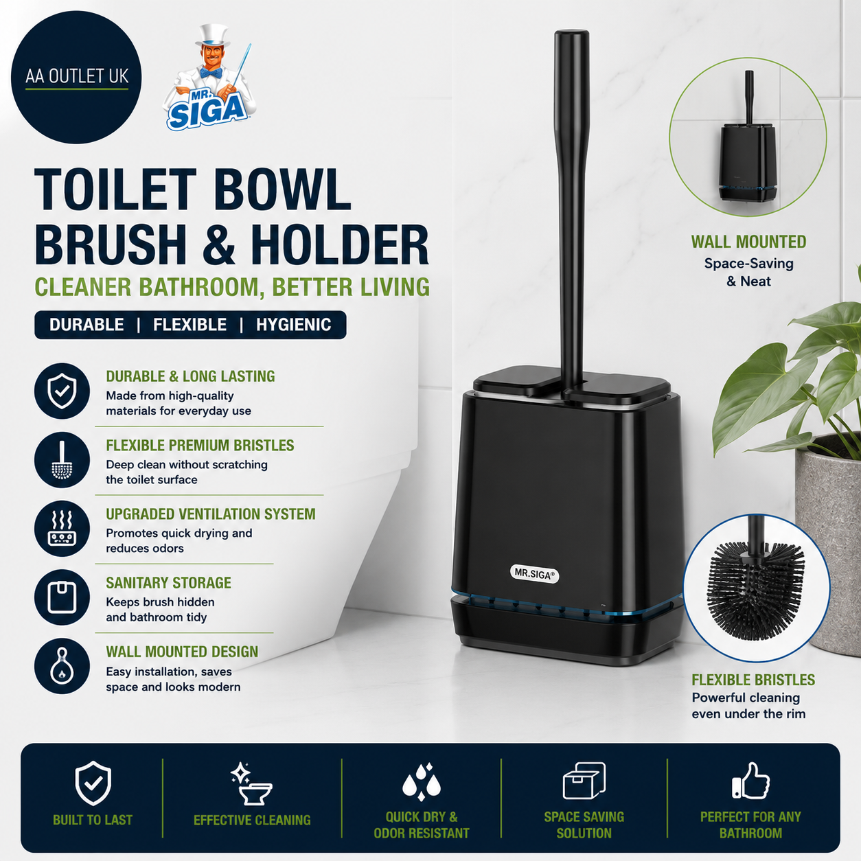 Mr Siga Toilet Bowl Brush Holder Durable Flexible Bristles Wall Mounted Bathroom