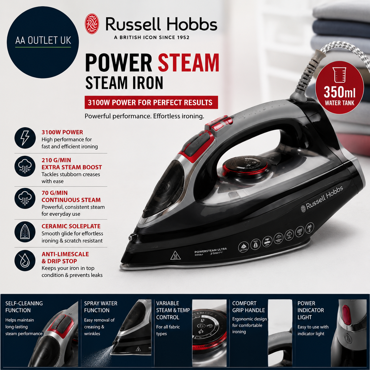 Russell Hobbs Steam Iron 3100w 210g/min Extra Steam Boost Ceramic Sole Plate