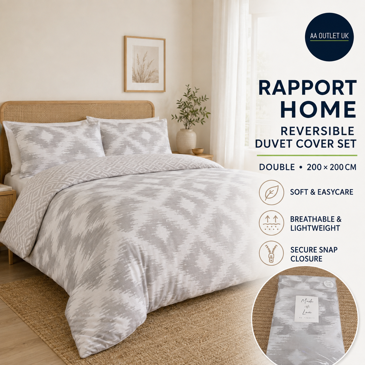 Rapport Home Reversible Duvet Cover Set Double Bedding 200x200cm Ikat Print