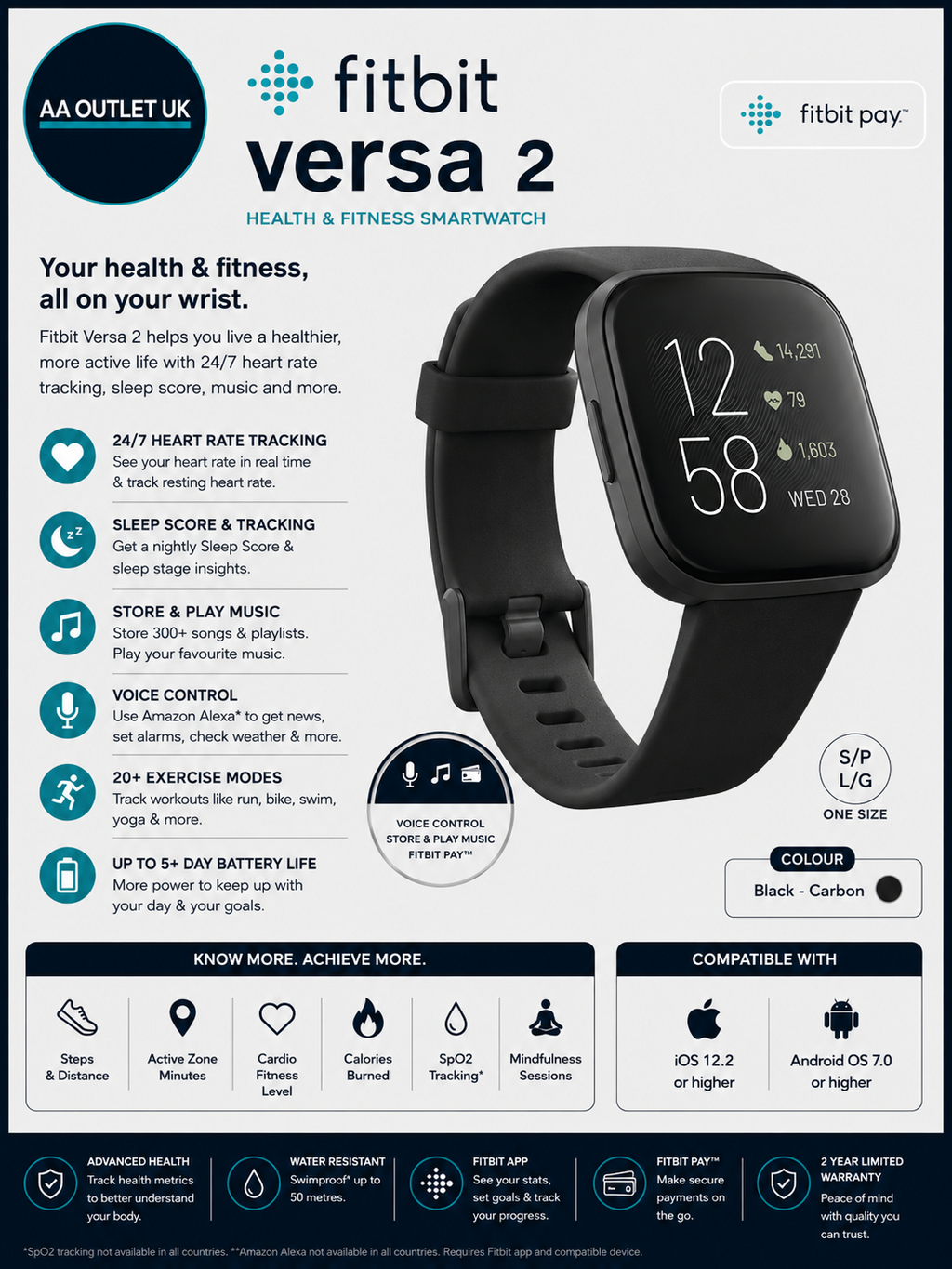 Fitbit Versa 2 Health Fitness Smartwatch Voice Control Sleep Score Music Black