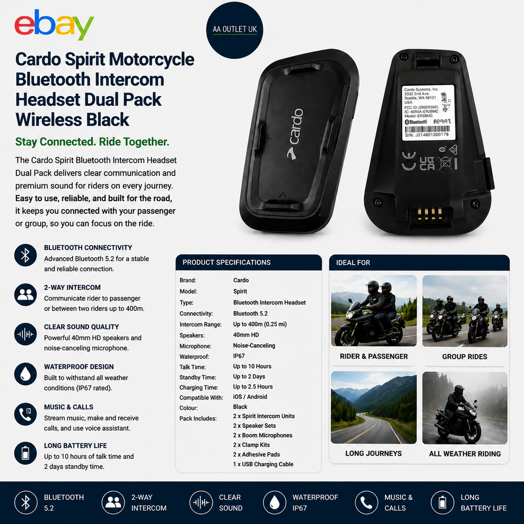 Cardo Spirit Motorcycle Bluetooth Intercom Headset Dual Pack Wireless Black