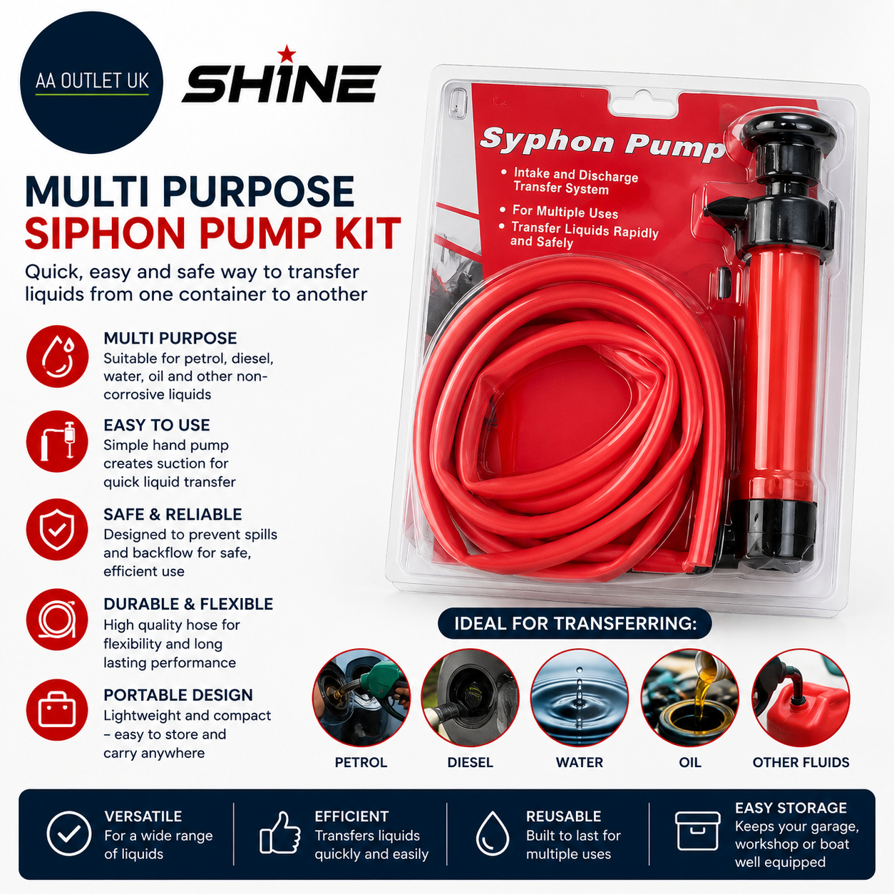 Shine Multi Purpose Siphon Pump Kit Petrol Diesel Fluid Extractor Transfer Water