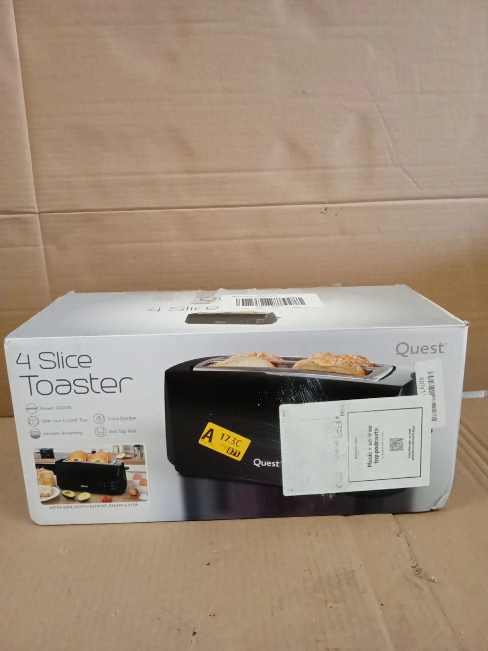 Quest 4 Slice Toaster Black Extra Wide Long Slots Crumpets Bagels 6 Settings